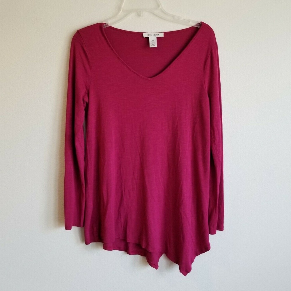 Blouse Long Sleeve Top asymmetrical hem maroon red